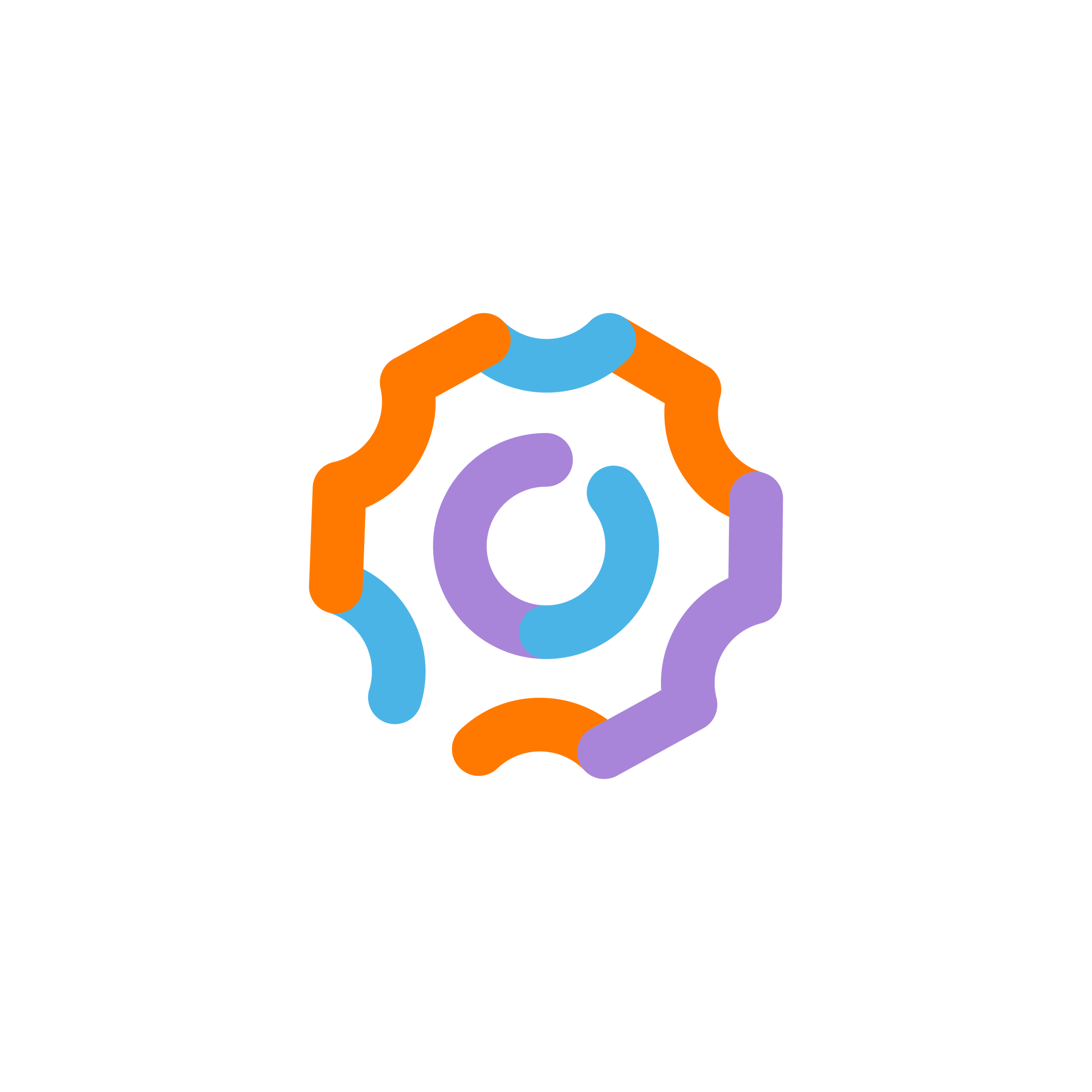 Symbole abstrait circulaire orange, bleu et violet formant un motif entrelacé.