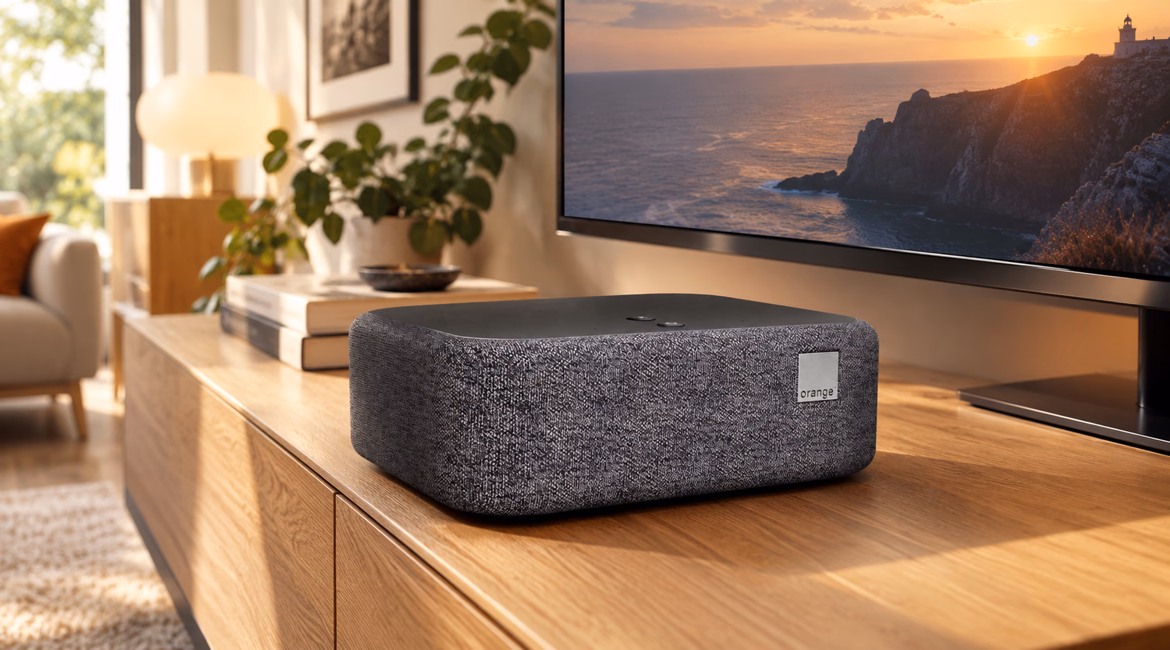 Décodeur Home Cinema posé sur un meuble en bois dans un salon, devant un téléviseur