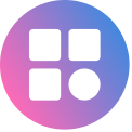 Icône d'application avec quatre formes blanches sur un cercle dégradé bleu et rose.