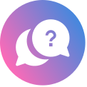 Bulles de dialogue blanches avec un point d’interrogation sur fond dégradé violet-rose.