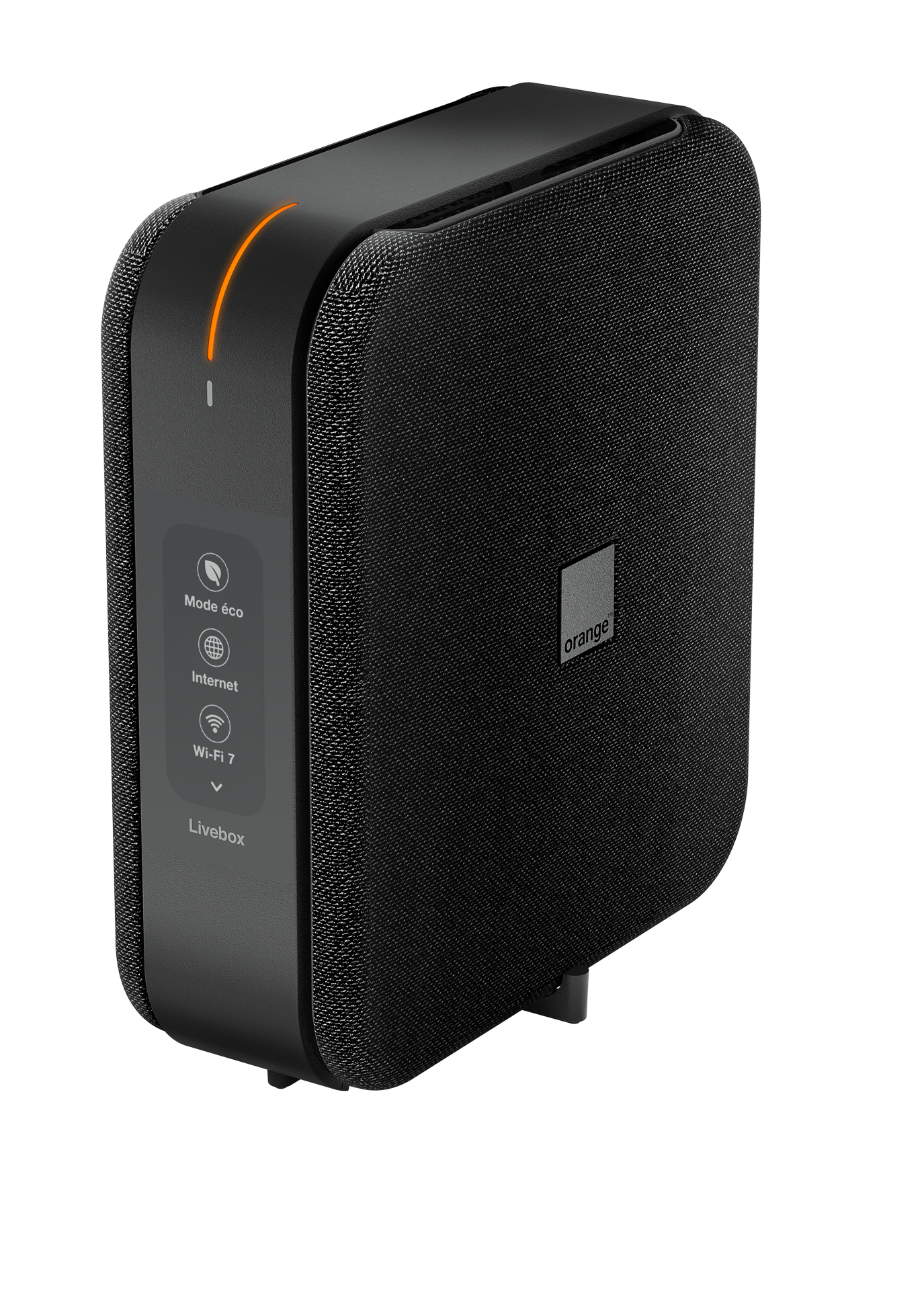 Boitier Livebox 7 noir de la marque Orange avec des voyants lumineux sur le côté avant.
